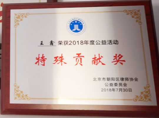 王鑫律师，荣获2018年度公益活动“特殊贡献奖”