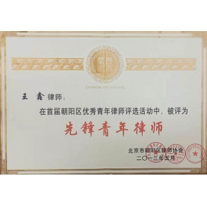 王鑫律师荣获朝阳区“先锋青年律师”